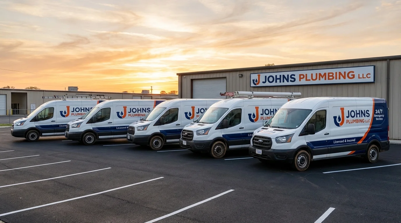Johns Plumbing LLC fleet of service vans ready for dispatch across Delaware